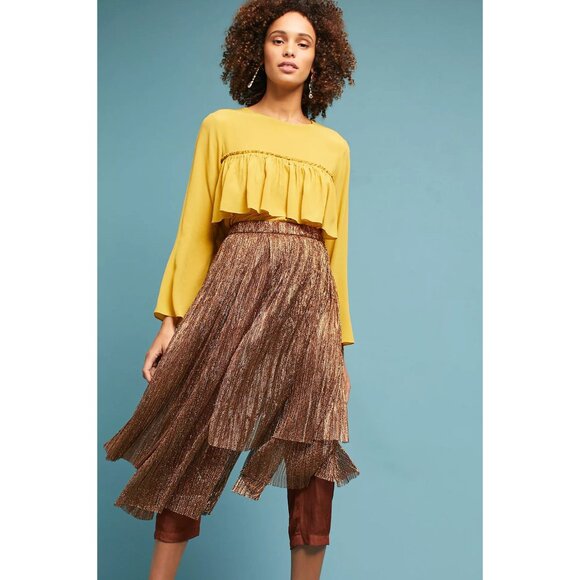 Anthropologie Maeve Metallic Skirted Pants Silk Legging Mesh Skirt Copper 2 - Picture 1 of 14